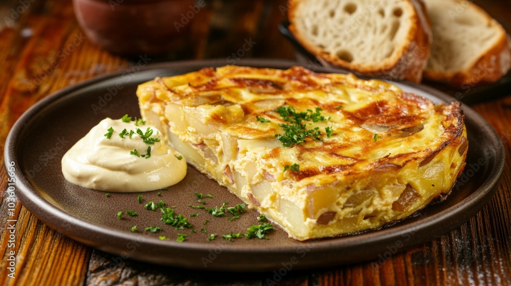 A delightful plate of Spanish tortilla espa帽ola, featuring layers of potatoes, onions A delightful plate of Spanish tortilla espa帽ola, featuring layers of potatoes, onions