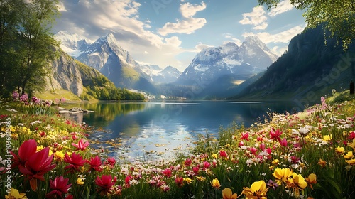 Lush flowers surrounding tranquil lake and mountains photos