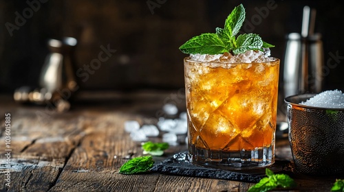 Mint Julep cocktail with ice and mint garnish, isolated on a dark wooden background with decorative cocktail strainer and sugar photo