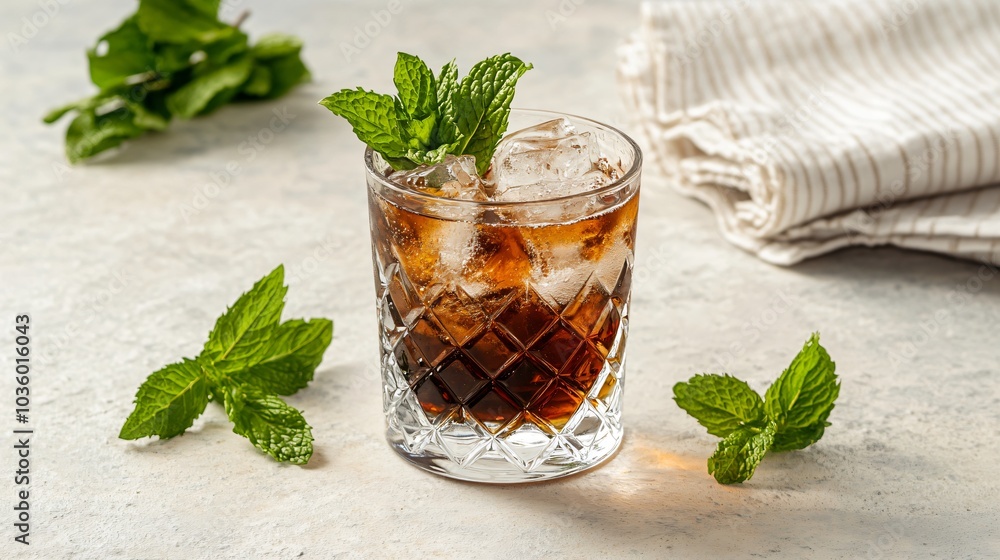 Mint Julep in a crystal glass, isolated on a light background with decorative mint leaves and cocktail napkin Mint Julep in a crystal glass, isolated on a light background with decorative mint leaves and cocktail napkin