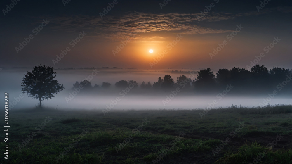Dark autumn fields with rural road in fog at dusk. Fall trees with orange foliage. Landscape Dark autumn fields with rural road in fog at dusk. Fall trees with orange foliage. Landscape