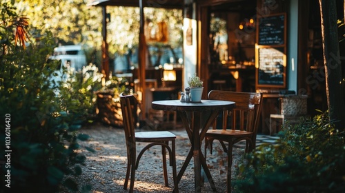 Cozy Outdoor Cafe with Chairs and Table