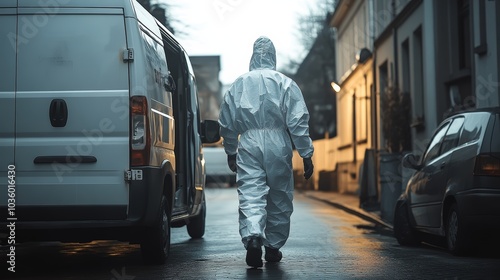 A person in a white protective suit walks down a quiet urban street at dusk.