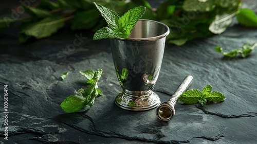 Mint Julep in a silver tumbler, isolated on a dark slate background with decorative cocktail muddler and mint garnish photo