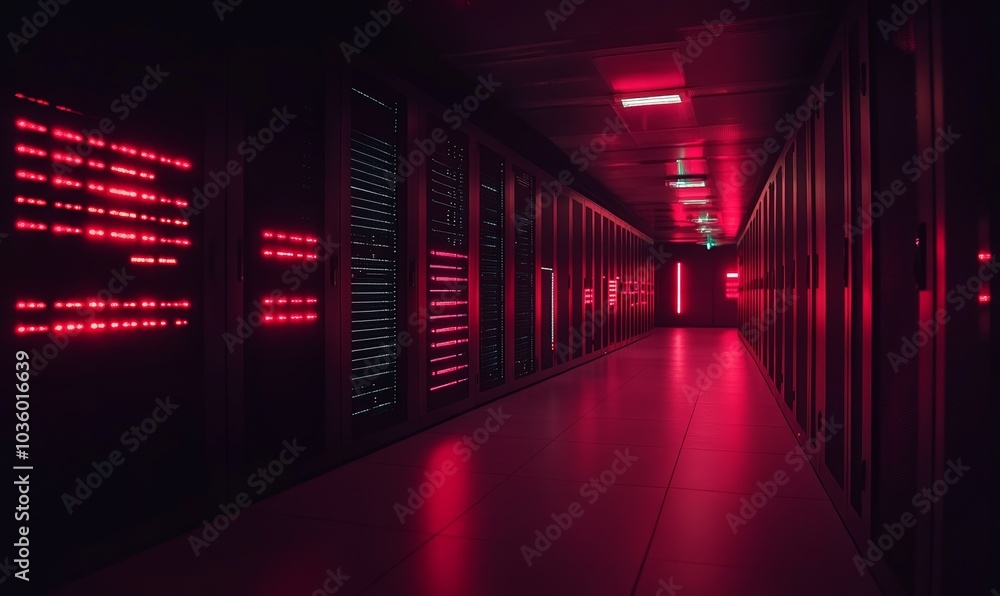 Fototapeta premium Server racks illuminated with red lights in a data technology center during operation at nighttime