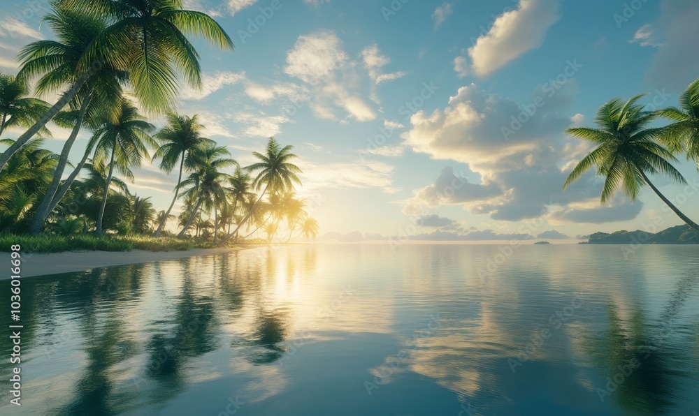Serene tropical lagoon at sunrise, with calm waters reflecting the sky and palm trees lining the shore Serene tropical lagoon at sunrise, with calm waters reflecting the sky and palm trees lining the shore