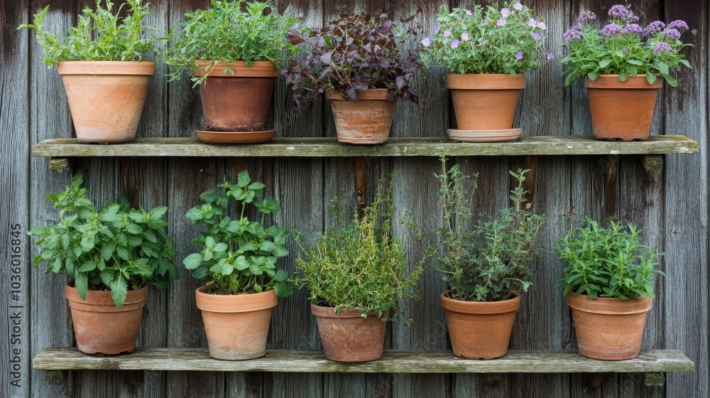 Herb Garden in Terracotta Pots on Wooden Shelf Herb Garden in Terracotta Pots on Wooden Shelf