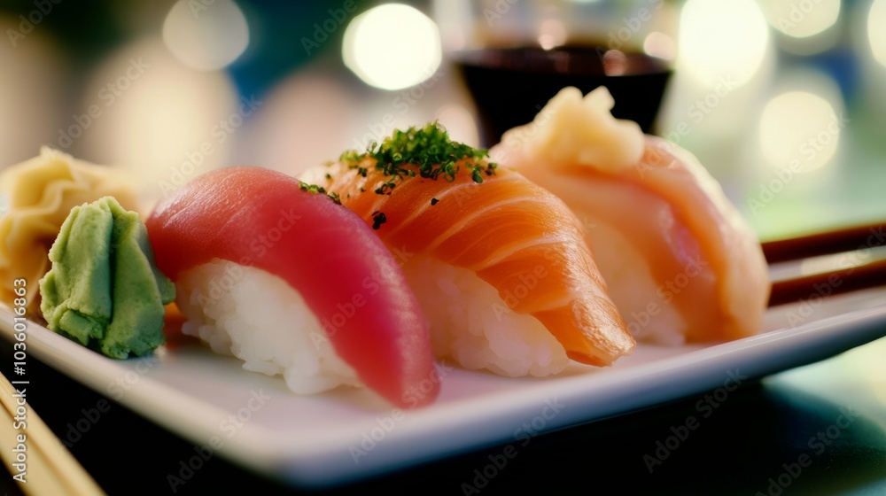 A delightful plate of sushi nigiri with fresh salmon, tuna, and yellowtail A delightful plate of sushi nigiri with fresh salmon, tuna, and yellowtail