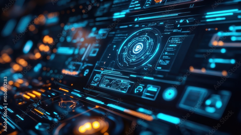 Futuristic digital interface with glowing blue lights and abstract technology background