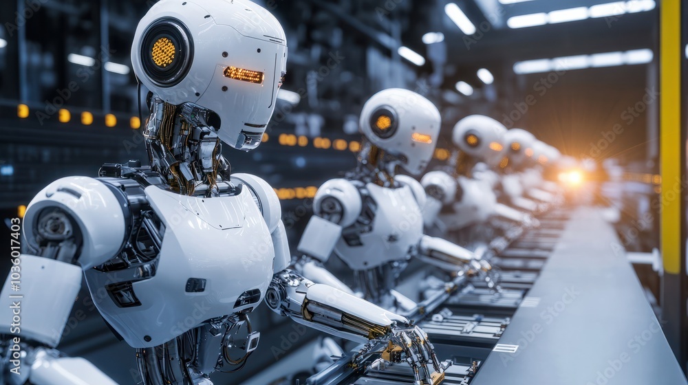 Futuristic robots working in an assembly line in a high-tech factory environment. Futuristic robots working in an assembly line in a high-tech factory environment.