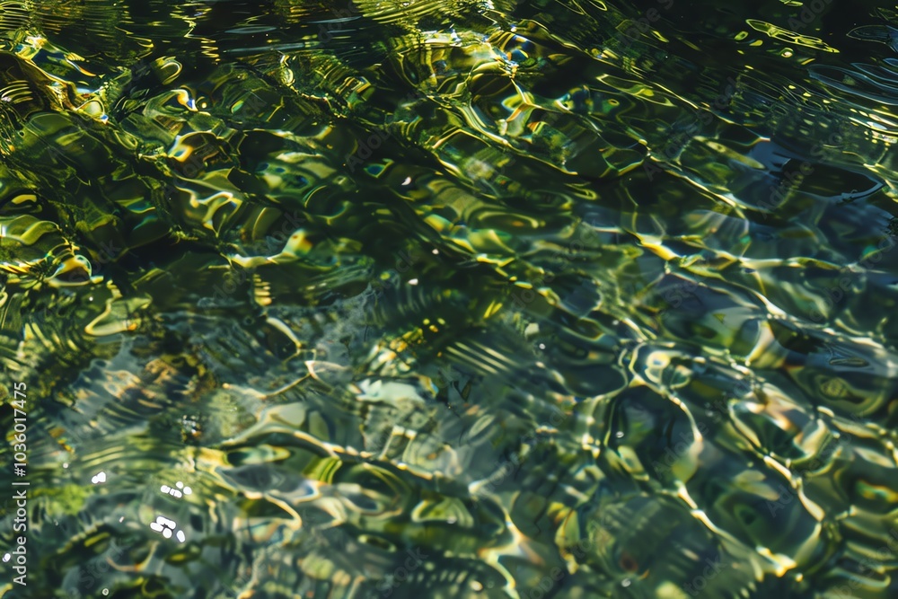 A serene image of crystal-clear water reflecting sunlight with intricate patterns and vibrant hues of green. A serene image of crystal-clear water reflecting sunlight with intricate patterns and vibrant hues of green.