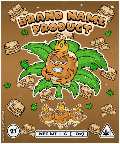 Cartoon pancake flavor with cannabis leaf, designed for logo, label or packaging.