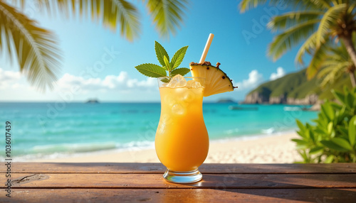 Pineapple tropical drink with fresh leaves on table by ocean under palm trees, Piña Colada