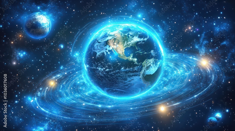 Obraz premium Futuristic technology. stars and planets around the globe earth, advanced technological concept