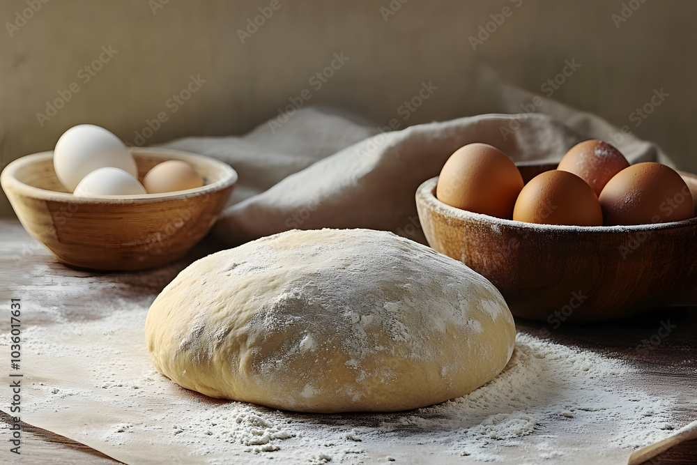 A dough is sitting on a table with a bowl of flour and a bowl of eggs. The dough is covered in flour and looks ready to be baked A dough is sitting on a table with a bowl of flour and a bowl of eggs. The dough is covered in flour and looks ready to be baked