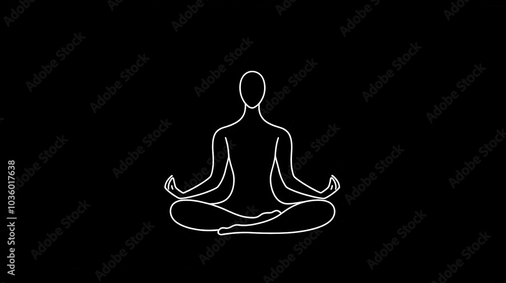 A person seated in a lotus position on a black background, depicted by a line drawing A person seated in a lotus position on a black background, depicted by a line drawing