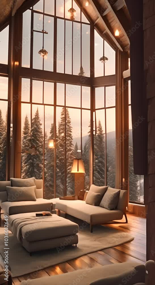Cabin rooms with fireplace and bed in winter Rooms for tourists with relaxing interior and raining outside the window Seamless virtual video animation background 4K vertical Cabin rooms with fireplace and bed in winter Rooms for tourists with relaxing interior and raining outside the window Seamless virtual video animation background 4K vertical