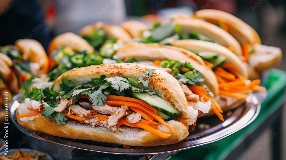 A delightful plate of Vietnamese banh mi sandwiches filled with savory grilled pork, pickled carrots and daikon, cucumber A delightful plate of Vietnamese banh mi sandwiches filled with savory grilled pork, pickled carrots and daikon, cucumber