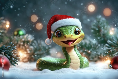 Festive Snake in Santa Hat Surrounded by Snow and Holiday Lights