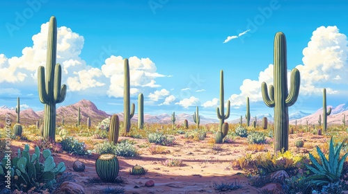 Expansive Desert Landscape with Cacti and Blue Sky