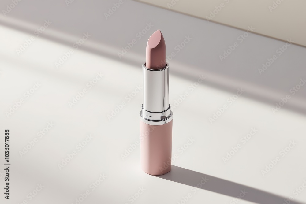 Elegant pink lipstick mockup with a reflective metallic tube, displayed in a modern, well-lit setting with soft shadows Elegant pink lipstick mockup with a reflective metallic tube, displayed in a modern, well-lit setting with soft shadows