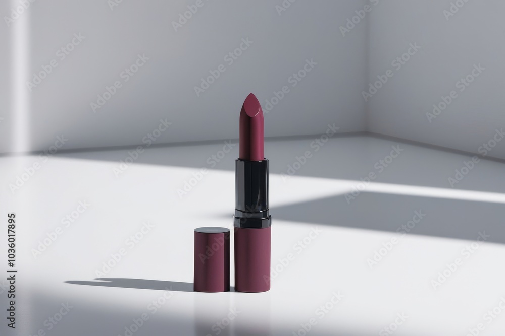 Bold matte lipstick mockup with a luxurious design, cap partially removed, standing on a glossy surface with a blurred background Bold matte lipstick mockup with a luxurious design, cap partially removed, standing on a glossy surface with a blurred background