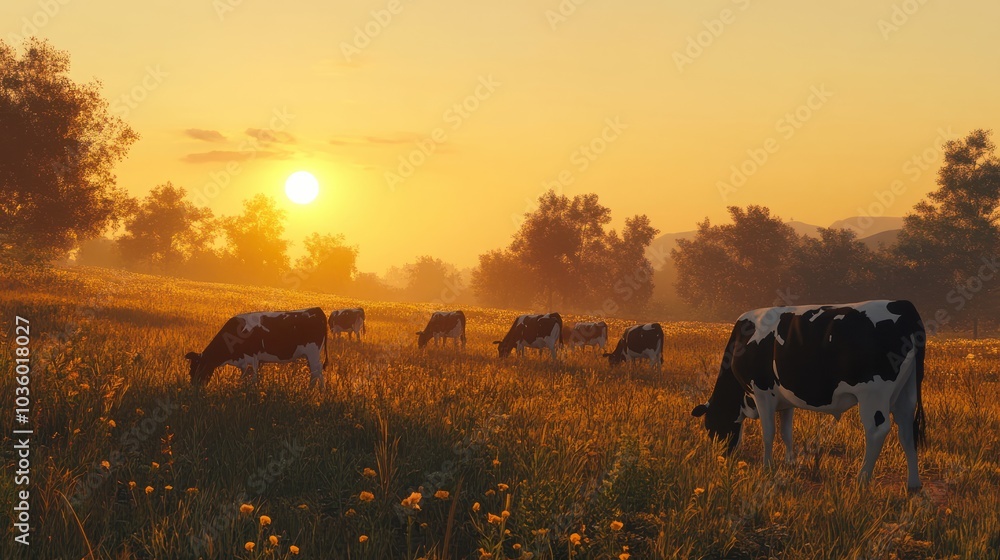 Herd of cows grazing in a field during a golden sunset Herd of cows grazing in a field during a golden sunset