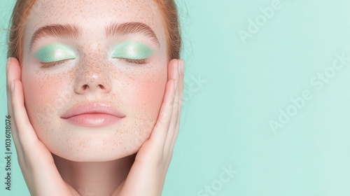 Freckled woman with closed eyes and mint green eye shadow, natural makeup and rosy cheeks, soft pastel blue background, clean and fresh beauty look, relaxed and serene, copy space for text