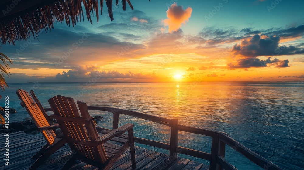 Relaxation envelops the evening sky as vibrant colors paint the horizon over calm waters Relaxation envelops the evening sky as vibrant colors paint the horizon over calm waters