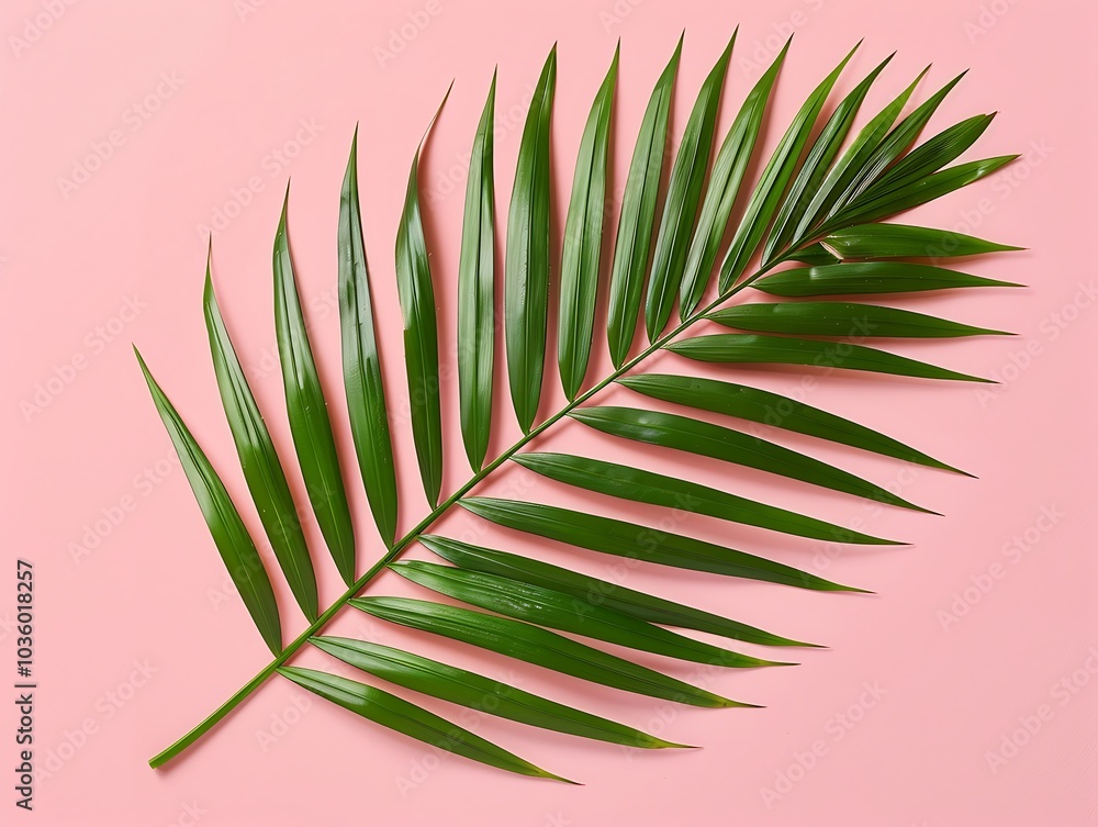 Fototapeta premium Tropical palm leaf on pink background. Flat lay, top view.