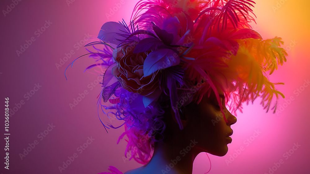 Fototapeta premium Silhouette of a woman in a colorful feather headdress, with pink and yellow lighting.