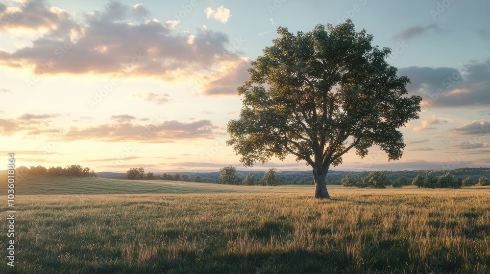 Isolated tree in field at sunset Isolated tree in field at sunset