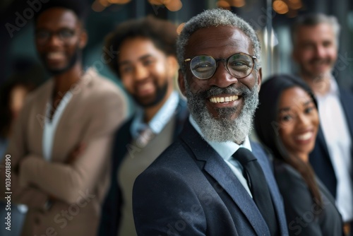 Portrait of a smiling senior businessman with his team in the background