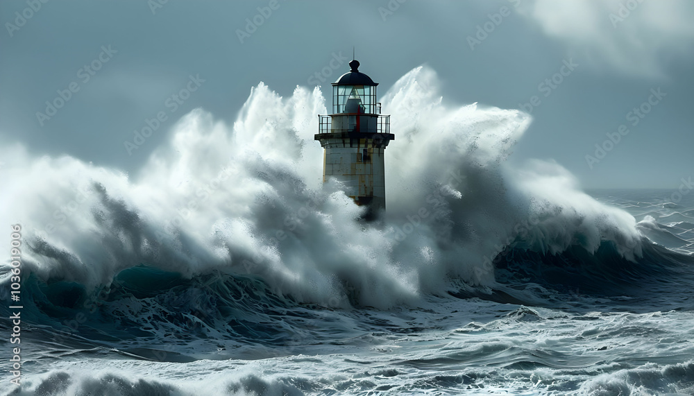 Huge waves crashed against the lighthouse Huge waves crashed against the lighthouse