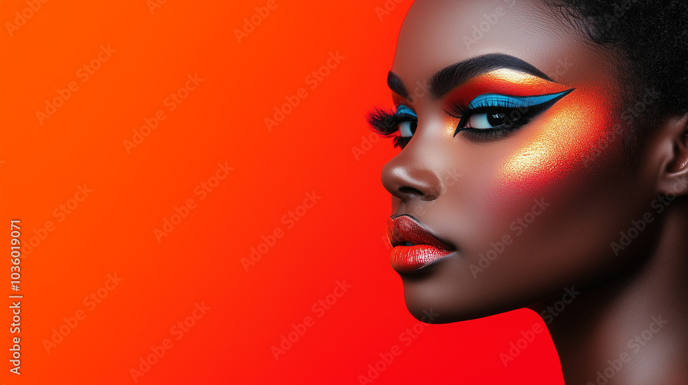 Black woman with animalistic Halloween makeup. Banner with copy space Black woman with animalistic Halloween makeup. Banner with copy space