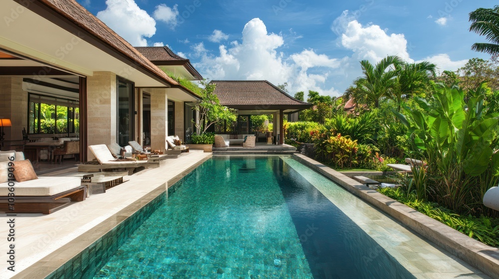 Luxurious bali villa outdoor pool area with modern furniture and tropical landscaping elements Luxurious bali villa outdoor pool area with modern furniture and tropical landscaping elements