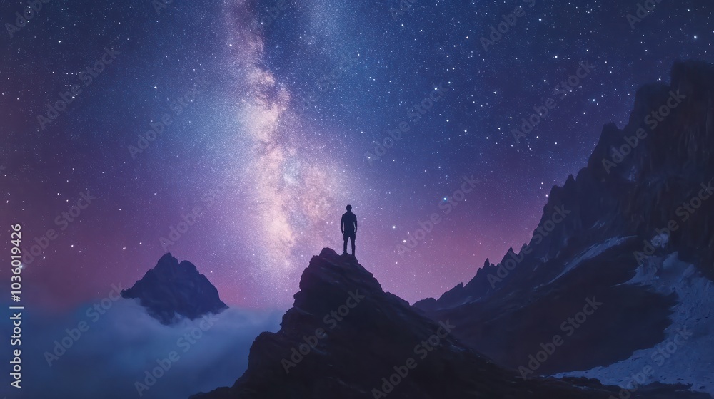 Milky Way arch and man on the mountain peak at starry night Silhouette of alone guy blue sky with bright stars in summer Galaxy Space background Landscape with arched milky way Travel. : Generative A Milky Way arch and man on the mountain peak at starry night Silhouette of alone guy blue sky with bright stars in summer Galaxy Space background Landscape with arched milky way Travel. : Generative A