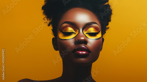 Black woman with animalistic Halloween makeup. Banner with copy space