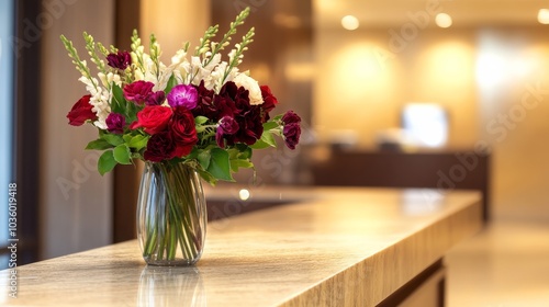 An inviting hotel reception showcases a stunning floral arrangement beside the desk