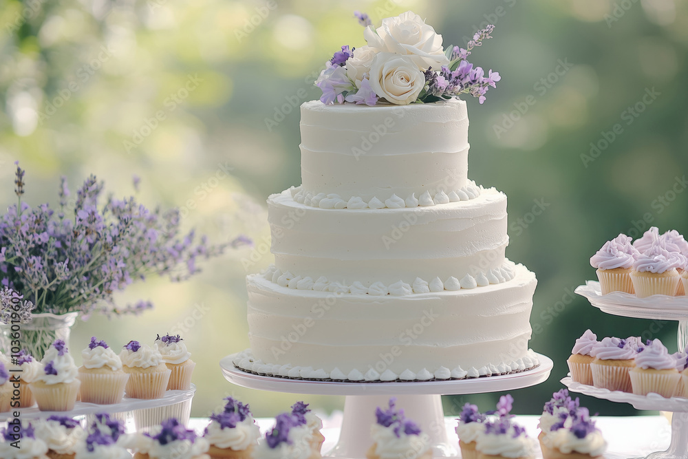 Fototapeta premium Close up of a luxury wedding buffet featuring layered cake with flowers, muffins and decorated with flowers