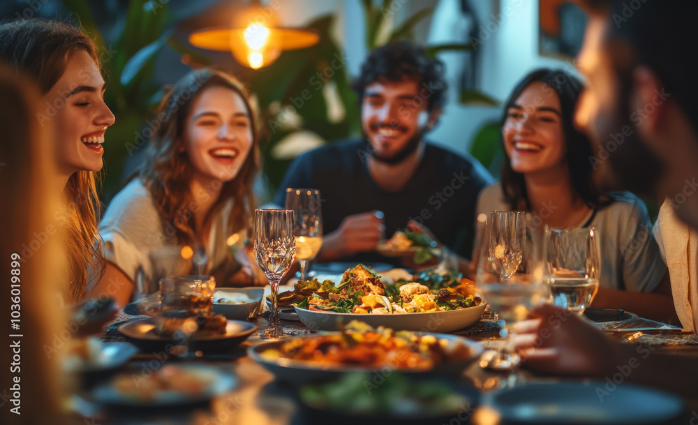 Dinner between smiling young friends Dinner between smiling young friends