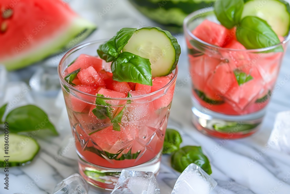Watermelon Cocktails with Basil and Cucumber Garnis Watermelon Cocktails with Basil and Cucumber Garnis