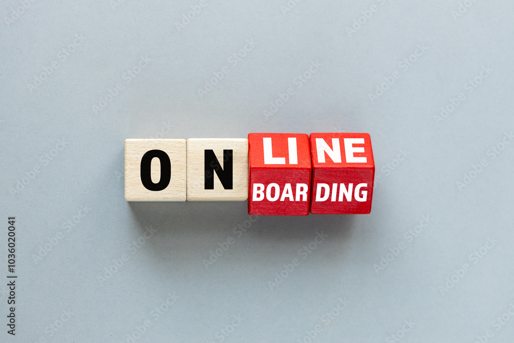 Online onboarding symbol. Rotated wooden cubes form the word