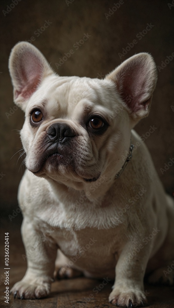 White French bulldog in a serious expression, close-up portrait, soft lighting background, copy space White French bulldog in a serious expression, close-up portrait, soft lighting background, copy space
