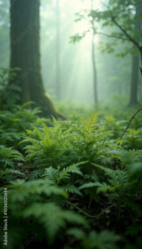 Fototapeta premium Lush ferns in misty forest, soft sunlight filtering through trees, tranquil atmosphere, copy space