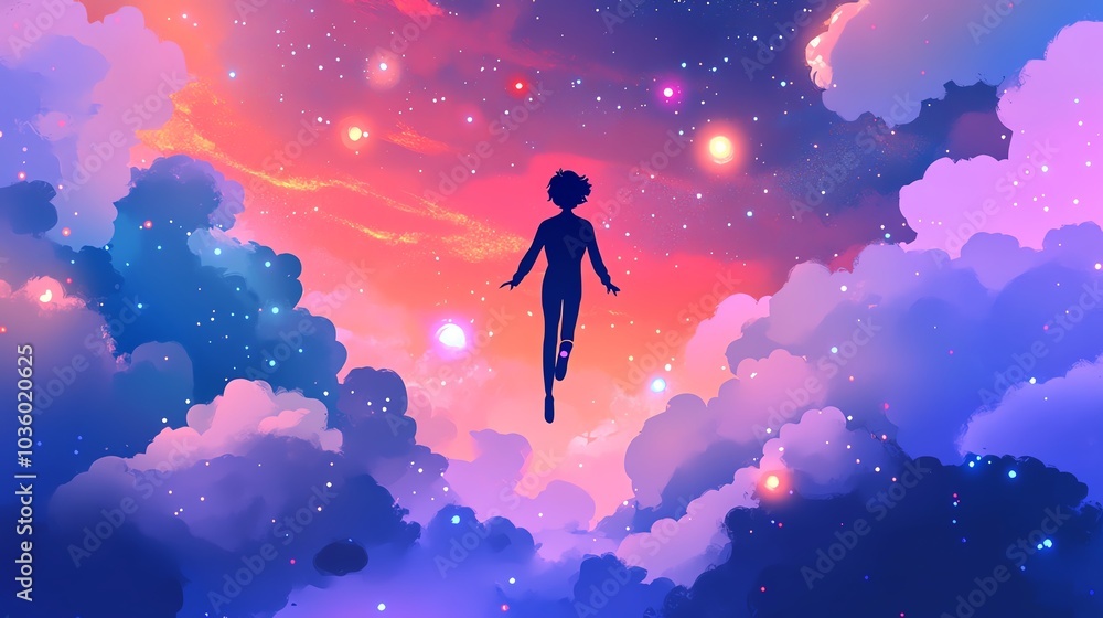 2D flat minimal illustration of a person floating through a surreal dreamscape, surrounded by soft clouds and glowing celestial bodies, lucid dream aesthetic 2D flat minimal illustration of a person floating through a surreal dreamscape, surrounded by soft clouds and glowing celestial bodies, lucid dream aesthetic