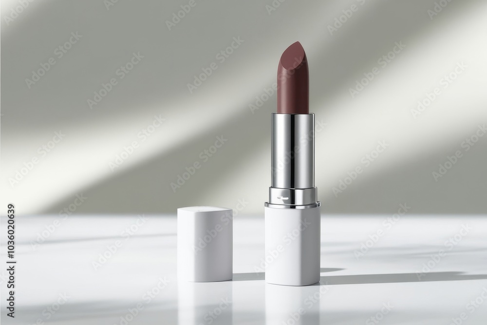 An elegant white and metal lipstick case, the cap is placed nearby and the neutral background creates a sophisticated look An elegant white and metal lipstick case, the cap is placed nearby and the neutral background creates a sophisticated look