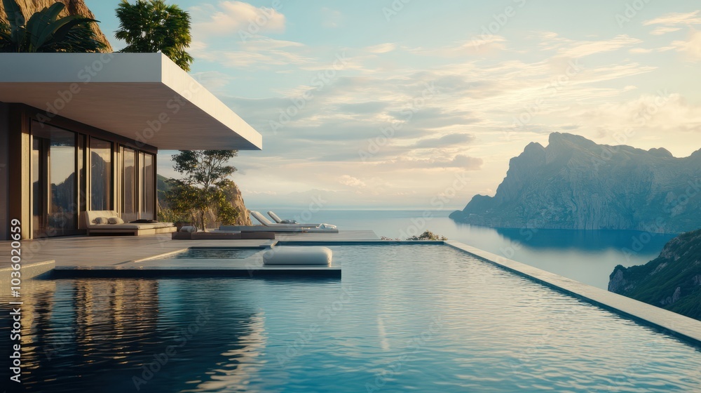 Modern villa with infinity pool overlooking the ocean and mountains. Modern villa with infinity pool overlooking the ocean and mountains.
