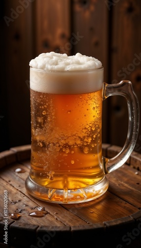 Pint of beer with foamy head on wooden barrel, rich color and texture, cozy atmosphere, copy space