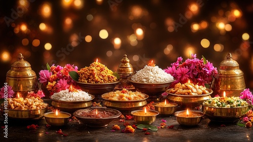 Festive table with traditional dishes and lights.